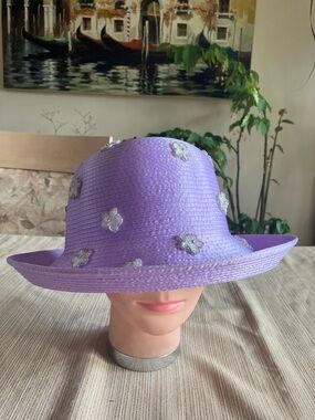 Chic Lilac Satin Ribbon Hat With White Sequined Beaded Floral Accents